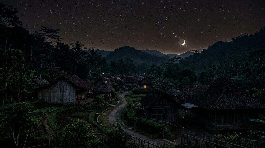 Bulan sabit dan bintang di atas kampung yang gelap dengan satu cahaya jendela yang kecil