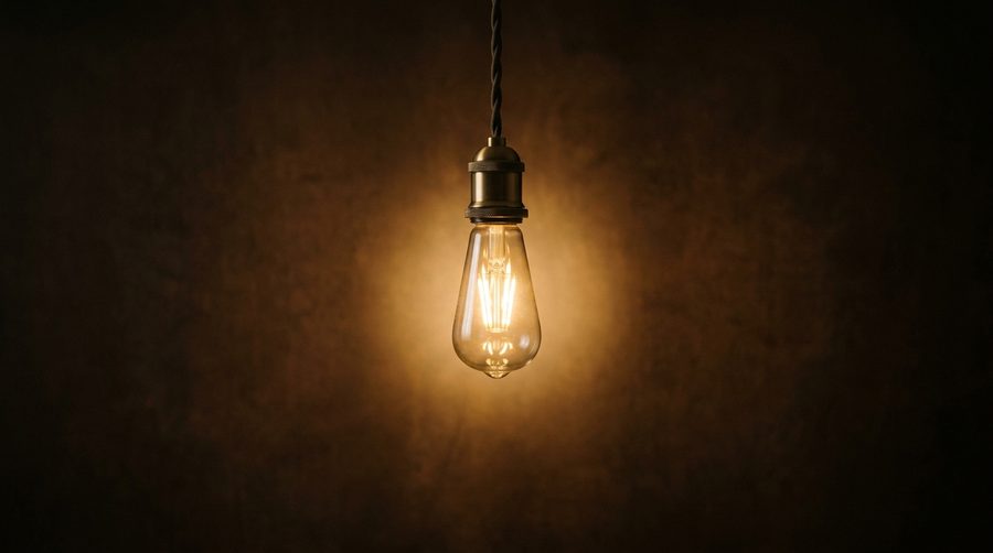 Lampu LED hangat menyala dengan cahaya keemasan pada latar gelap yang minimalis