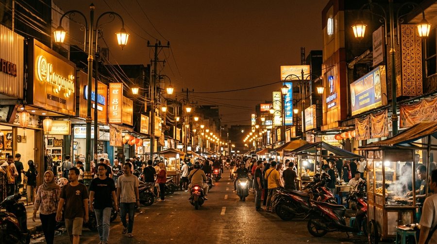 Deretan lampu hangat kota Indonesia di malam hari dengan papan lampu yang menyala