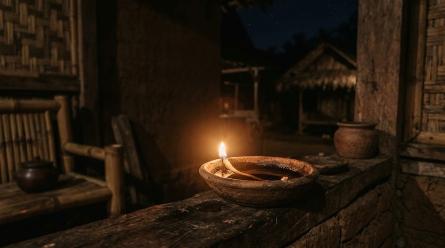 Pelita minyak kelapa menyala kecil di malam yang gelap dengan cahaya keemasan hangat